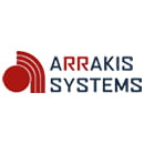 Logo for "Arrakis Systems", consisting of a series of curved red lines forming a semicircle on the left, accompanied by a solid red circle. On the right, the text "Arrakis Systems" in sans-serif typeface is aligned in two lines, with "Arrakis" at the top 