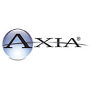 Logo for a brand called "AXIA". The design is modern and corporate, with a stylized typography. The initial letter "A" is large and is part of a circle that looks like a globe or sphere, with blue tones and shiny effects that suggest three-dimensionality.