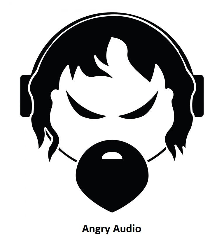 Black and white logo showing a stylized caricature of an angry face with furrowed eyebrows and an open oval-shaped mouth, which appears to be shouting. The face is encased in headphones covering the ears, suggesting the concept of 'angry audio'. The image