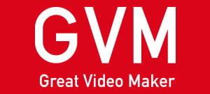 The image shows the logo of GVM Great Video Maker, a free and easy-to-use video editor. The logo is red and white, and features the acronym "GVM" in large, prominent letters, along with the full name "Great Video Maker" written in smaller letters undernea