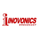 Inovonics logo for broadcasting companies, highlighting the stylized number '1' as a microphone with top ring, accompanied by a globe in the Inovonics 'O' and the word 'Broadcast' underneath, in red and white colors.