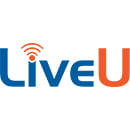 Logo with the word "LiveU" written in capital letters, with the "L" and "U" slightly larger than the other letters. The logo design is modern and simple, with straight lines and a limited use of colors. Blue and orange predominate, with blue being the mai