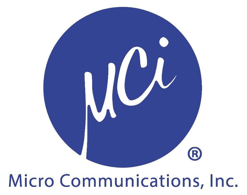Micro Communications, Inc. ", with initials " MCI " in white letters on a blue background, the " M " in italics, followed by raised " C " and " I", with the full company name and trademark symbol to the right.
