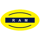 Oval logo with yellow outline and blue background, highlighting the word 'RAM' in three-dimensional white letters, accompanied by yellow curved lines following the outline of the oval, simple and striking brand design.