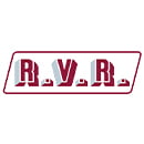 Rectangular logo with rounded edges in red on a white background. In the center of the logotype, the letters "R.V.R" appear in capital letters and in a solid typeface, with a design that suggests a brand or initials. The letters are white with a shadow ef