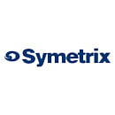 The Symetrix logo is a shield-shaped image with a blue background and white lettering. The shield is divided into two sections by a diagonal line. The upper section has the word"Symetrix" written in capital letters. The lower section has the word"Solution