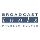 The Broadcast Tools logo features a modern, minimalist design in blue with white typography. The text 