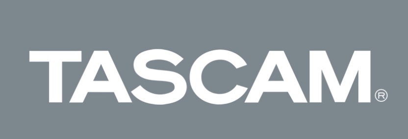 Tascam logo in white on gray background. The logo consists of the word "TASCAM" in capital letters and a registered superscript "R".