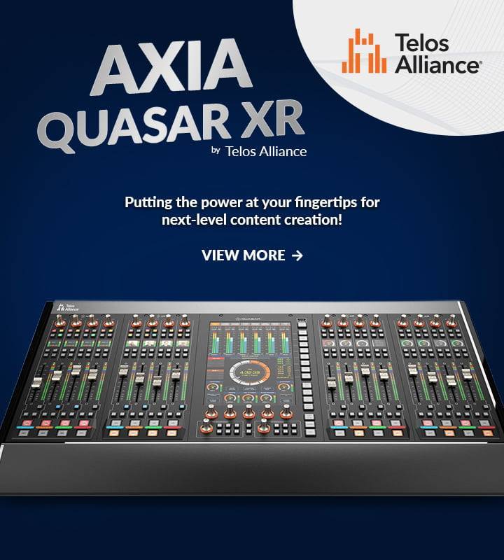 Consola de mezclas de audio profesional AXIA Quasar XR con faders y botones iluminados, pantalla de indicadores gráficos, de Telos Alliance para producción de contenido avanzado.
