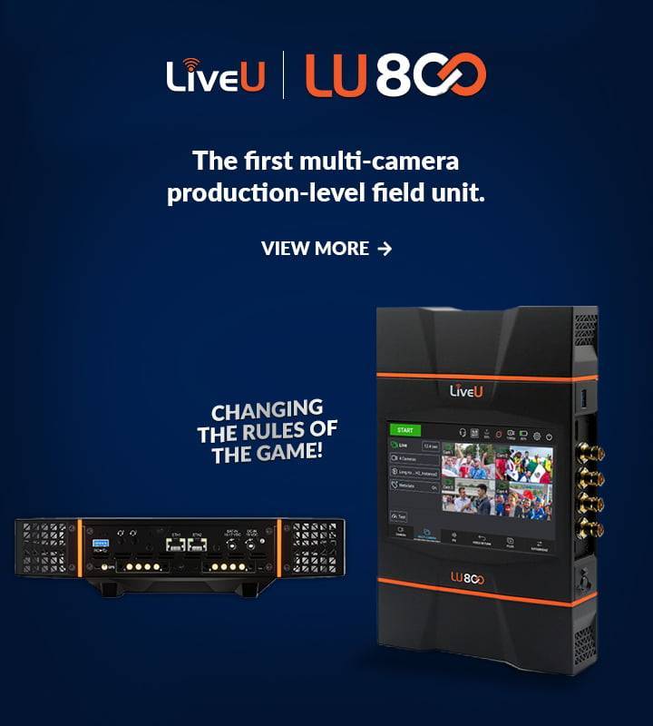 Equipo de transmisión LiveU LU800 para producción multicámara en exteriores, con conectividad avanzada y visualización de múltiples canales, ideal para coberturas en vivo y eventos deportivos.