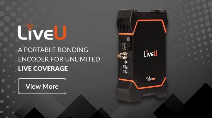 Codificador portátil LiveU Solo para transmisión en vivo con tecnología de bonding, mostrando conexiones y diseño compacto para cobertura ilimitada en directo, disponible para más información.