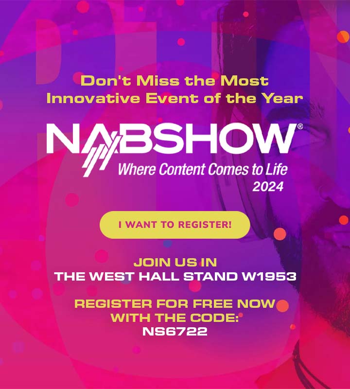 Promotional image of the NAB Show 2024, with a vibrant background in shades of purple and orange. At the top, white text with shadows reads 'Don't Miss the Most Innovative Event of the Year'. Underneath, the NAB Show® logo in black and white with the tagline 'Where Content Comes to Life 2024.' In the center is an orange button with white text inviting to register: 'I WANT TO REGISTER!'. At the bottom, locate information: 'JOIN US IN THE WEST HALL STAND W1953' and a promotional code for free registration: 'REGISTER FOR FREE NOW WITH THE CODE: NS6722'. The design includes abstract graphic elements and the side silhouette of a bearded man facing left.