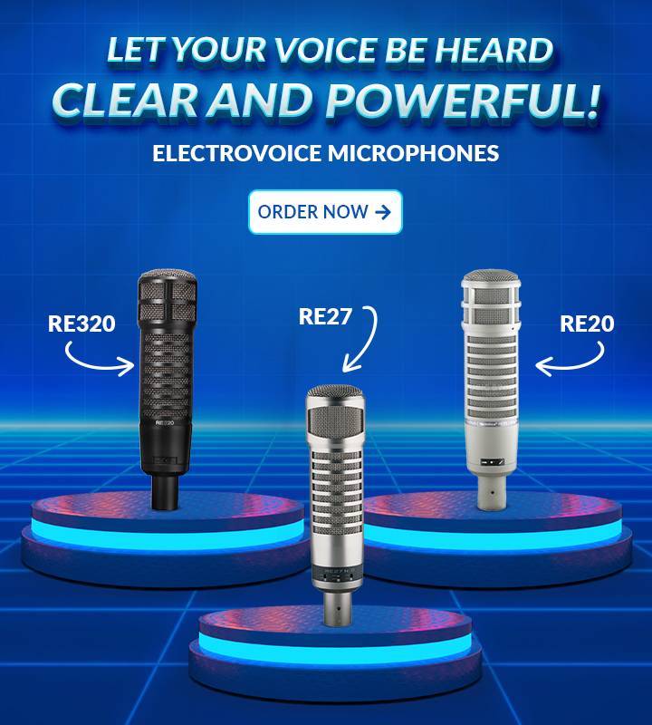 Gama de micrófonos ElectroVoice de alta calidad, modelos RE320, RE27 y RE20, en pedestales iluminados con luces azules, con el eslogan promocional 'LET YOUR VOICE BE HEARD CLEAR AND POWERFUL!' y botón de 'ORDER NOW' para adquisición inmediata.