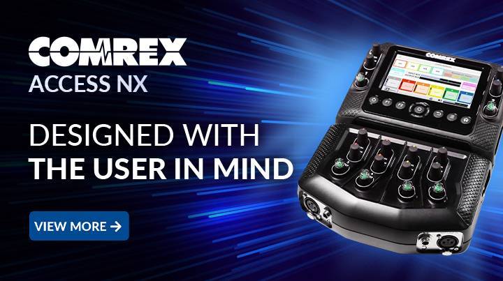 Comrex ACCESS NX Portable Audio Mixer destacado por su diseño centrado en el usuario, sobre un fondo dinámico azul con líneas en movimiento, acompañado del llamado a la acción 'VIEW MORE' para conocer más detalles del producto.