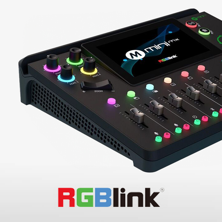 Top-quality RGBlink video switcher with intuitive interface, showcasing a vibrant display with color test bars, quick-access buttons numbered 1 and 3, user-friendly control knob, and clear set/save functions, equipped with a bright blue power LED – ideal for professional video editing and live production.