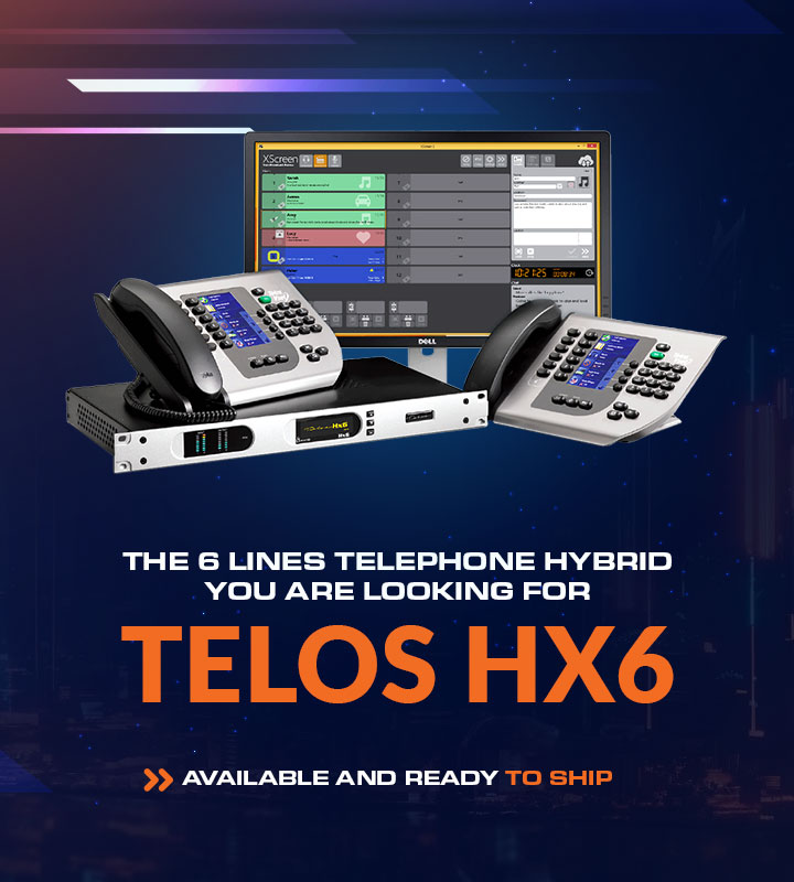 TELOS HX6 hybrid telephone system advertisement, showing on-screen call management software and two telephone control units on a blue background with flashing lights, indicating immediate availability for shipment.