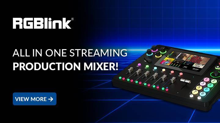 RGBlink All-in-One Streaming Production Mixer presentado con controles iluminados y pantalla táctil, ideal para transmisiones en vivo, en un llamativo fondo azul cuadriculado que resalta el botón 'VIEW MORE' para más información.