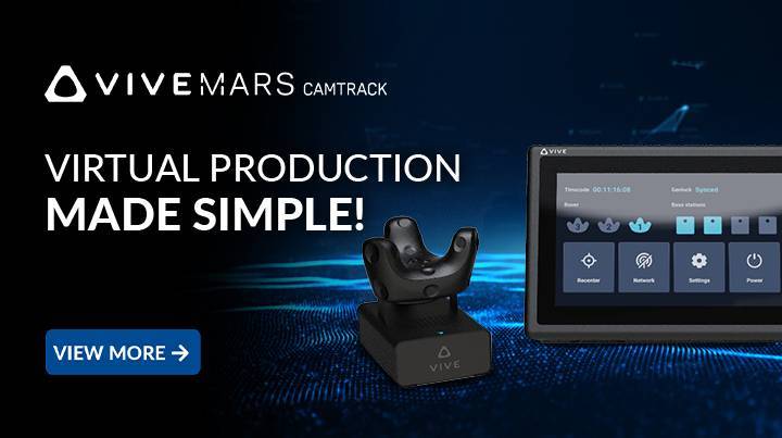 VIVE Mars CamTrack para producción virtual, destacando un sistema de seguimiento de cámara fácil de usar con una interfaz de tableta intuitiva, promoviendo la simplificación de la producción virtual con un botón 'VER MÁS' para obtener detalles del producto.