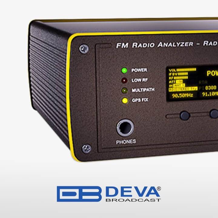 Professional DEVA Broadcast FM Radio Analyzer device featuring a crisp digital display for frequency and signal information, LED indicators for power status, RF levels, multipath distortions, and GPS stability, with a headphone jack, showcased in a sleek black and yellow design with the brand logo prominently displayed.