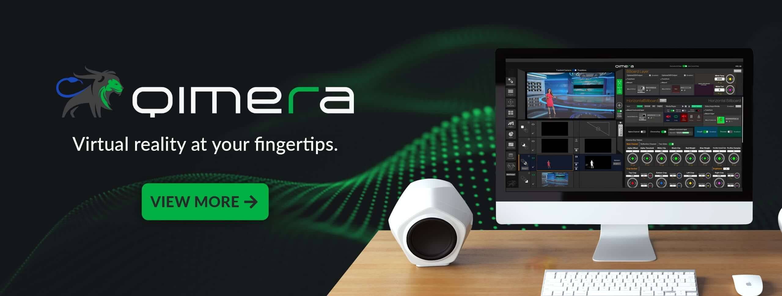 Banner Estación de trabajo de realidad virtual Qimera con software avanzado en pantalla, mostrando interfaz de usuario para edición VR en un monitor elegante, acompañado del eslogan 'Virtual reality at your fingertips' y botón 'VIEW MORE' para descubrir más.