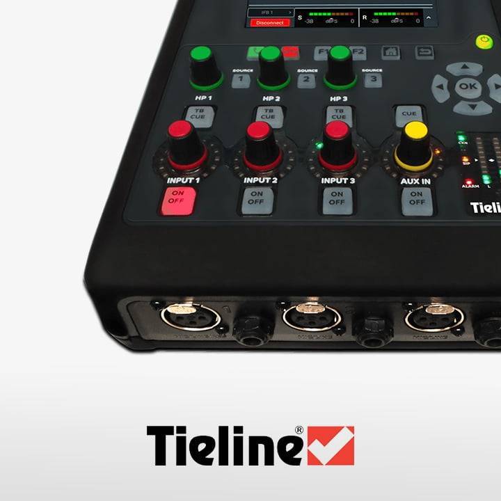 Top-of-the-line Tieline broadcasting audio mixer featuring intuitive touch screen controls, triple input channels with dedicated ON/OFF switches, and professional-grade XLR connectivity for superior sound quality in live broadcasting and studio settings.