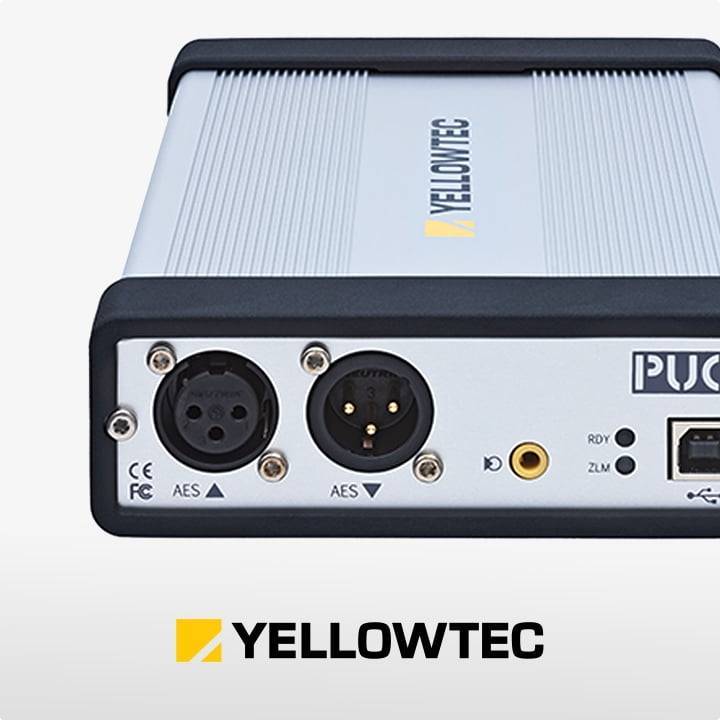 High-quality Yellowtec audio interface with professional XLR and AES/EBU ports, ethernet connectivity, showcasing CE and FCC certification logos.